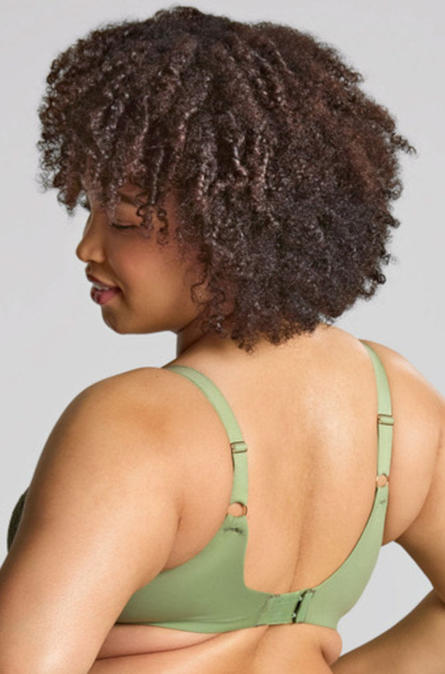 Sculptresse Estel full cup underwire bra in sage green, featuring delicate lace and supportive E cup design.