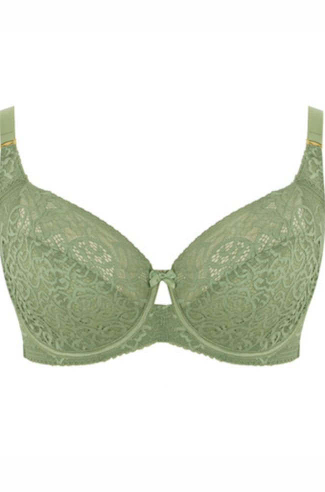 Sculptresse Estel full cup underwire bra in sage green with floral lace design, E to J cup sizing, supportive and comfortable.