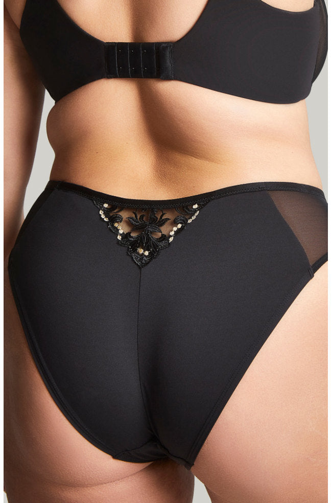 Black and gold high leg brief by Sculptresse, size 22, featuring elegant gold detailing.