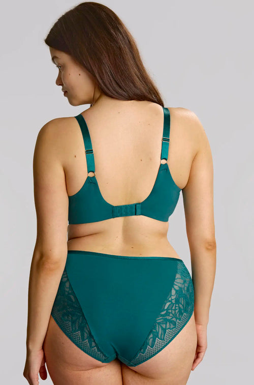 Teal blue full-coverage brief by Sculptresse with high-waisted design, available in sizes 12, 14, and 16.