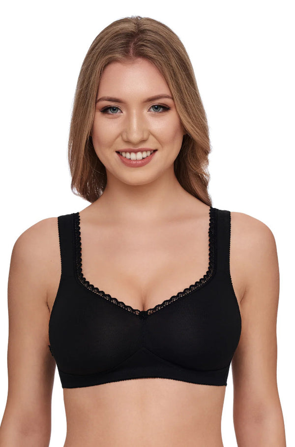 Black wire-free bra in organic cotton, size 16D, by Susa