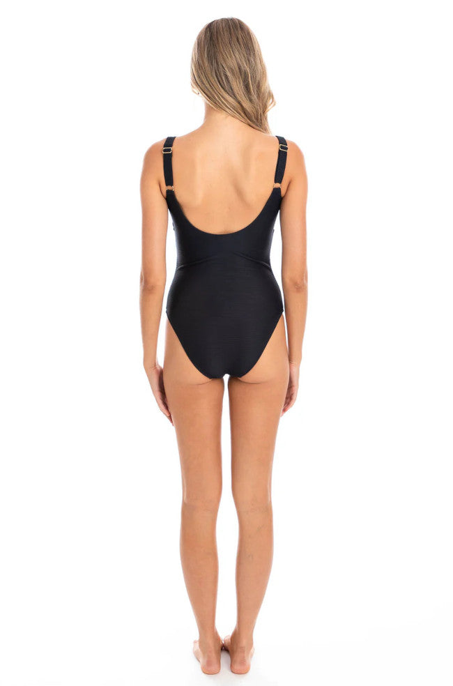 Black textured twist one-piece swimsuit by TOGS with tummy control and V-neck design, perfect for stylish swimwear.