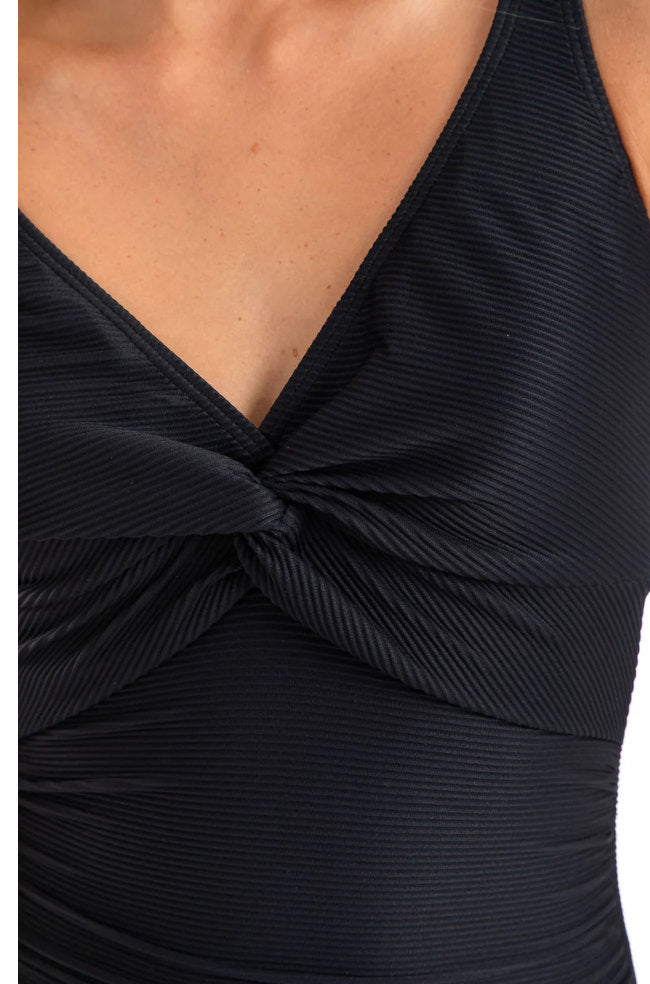 Black textured twist one-piece swimsuit by TOGS with tummy control and V-neck design, perfect for stylish swimwear.
