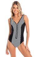 Black and white V-neck zip one piece swimsuit with tummy control by TOGS, showcasing a functional zipper and fully lined des