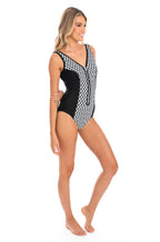 Black and white V-neck zip one piece swimsuit with tummy control by TOGS, fully lined and available in multiple sizes.