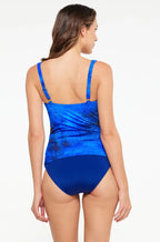 Blue ruched chlorine-resistant tankini top with sweetheart neckline by TOGS, featuring adjustable straps.