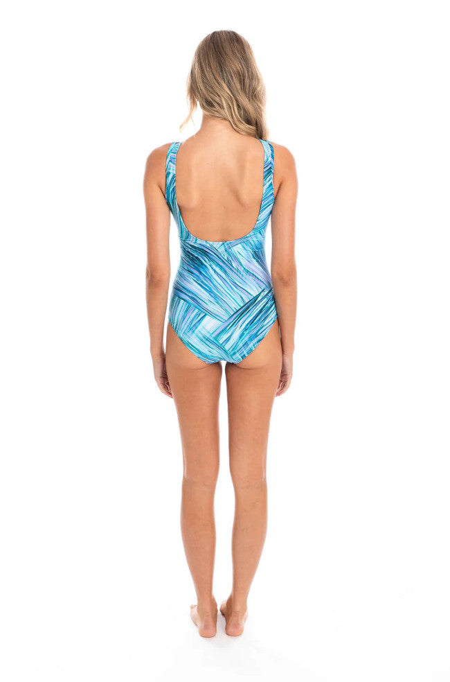 Blue Delray Mesh High Neck One Piece Swimsuit by TOGS, mastectomy friendly design, adaptive swimwear style.