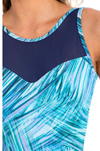 Blue mesh high neck one piece swimsuit, adaptive design, Mastectomy-friendly, by TOGS