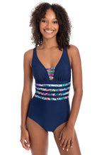Navy V-neck one-piece swimsuit with tummy control and adjustable straps by TOGS, featuring contrast binding.