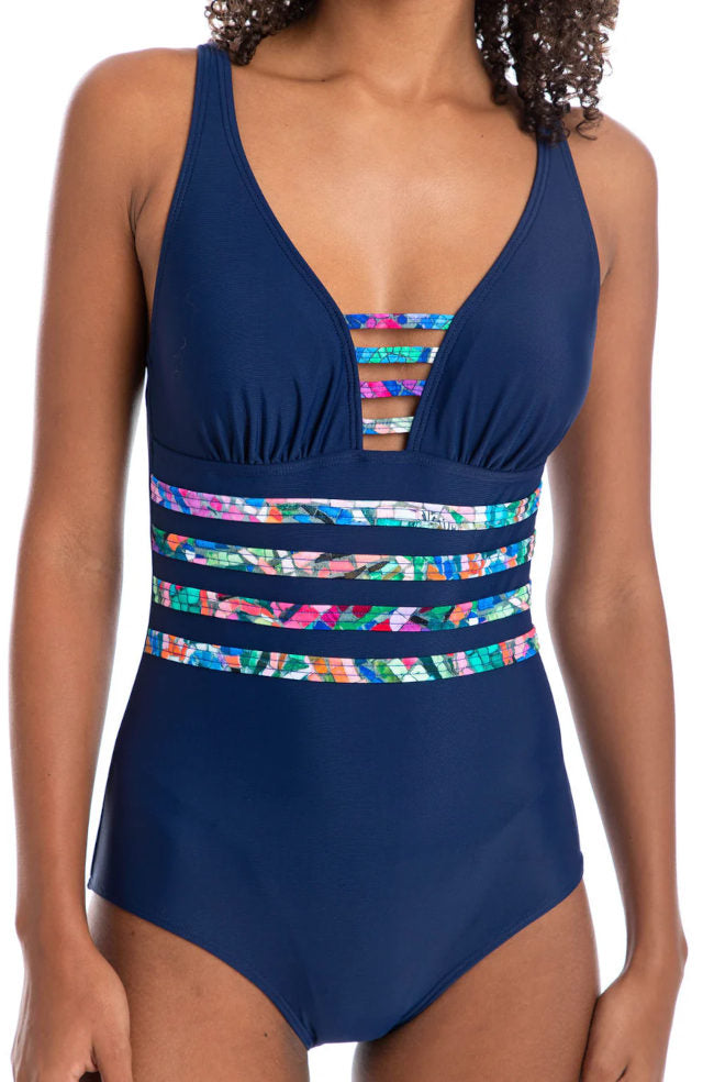 Navy V-Neck One Piece Swimsuit - Tummy Control & Adjustable Straps