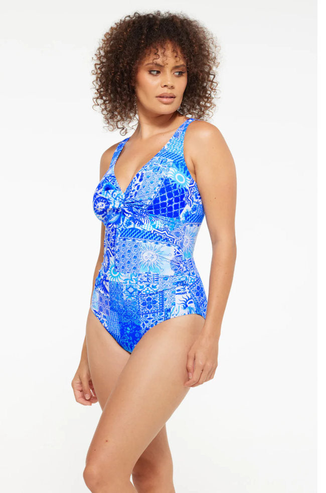 Santorini Blue one-piece swimsuit by TOGS, featuring a sleek design and adjustable straps.