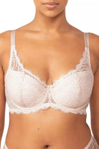 Nude pink lace balconette bra with underwire and padded support, C cup by Triumph, featuring a delicate 3-piece cup design.
