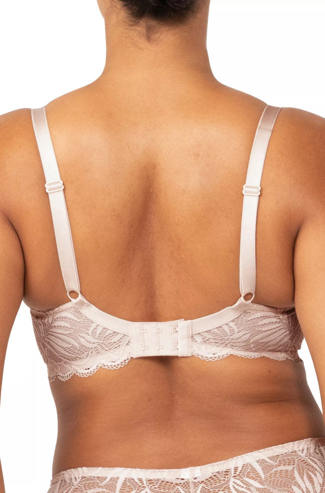 Nude pink lace balconette bra with underwire and padded support, C cup by Triumph.