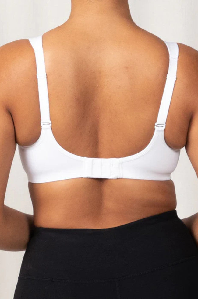 White Triaction sports bra by Triumph, featuring a supportive design and larger cup size options.