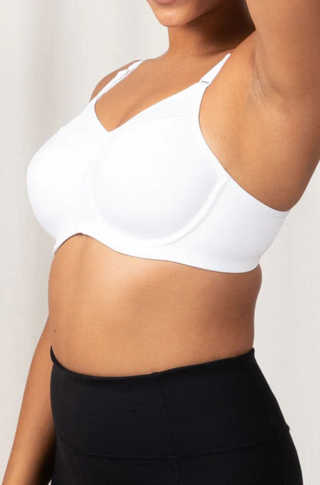 White Triaction sports bra by Triumph, designed for larger cup sizes, featuring adjustable straps and breathable fabric.