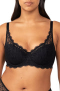 Black lace underwire balconette bra with adjustable straps by Triumph, featuring three-piece cup design
