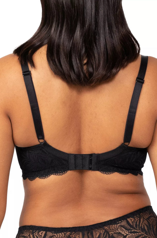 Triumph black lace underwire balconette bra with adjustable straps and three-piece cups in size 12 C