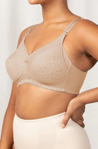 Nude Triumph Lace Nursing Bra with drop-down cups and wire-free design, size 18D