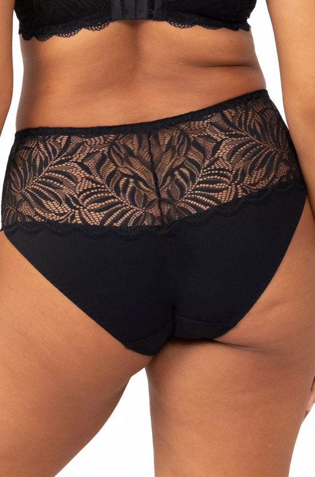 Triumph black lace maxi brief with full coverage, featuring elegant floral detailing, available in sizes 10, 12, and 14.