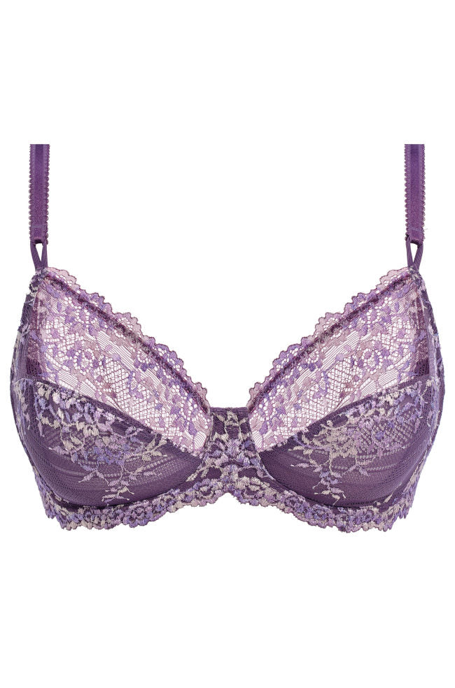 Grape floral stretch lace underwire bra by WACOAL, featuring adjustable straps, available in C-E cup sizes.