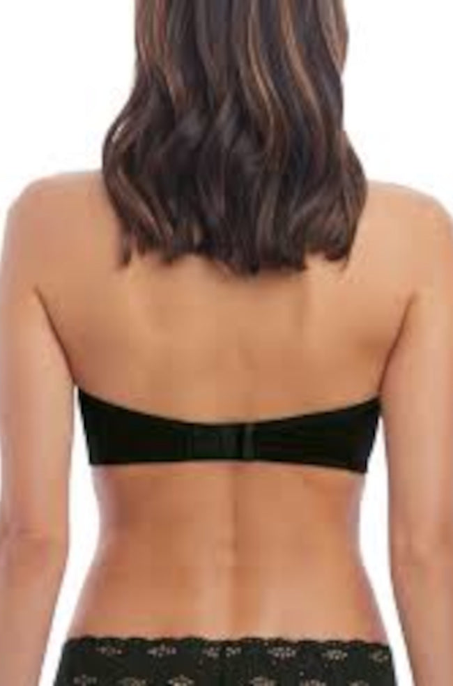 Black Wacoal Halo Lace Strapless Bra displayed on a model, showcasing its elegant lace design and supportive fit.