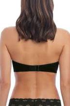 Black Wacoal Halo Lace Strapless Bra displayed on a model, showcasing its elegant lace design and supportive fit.