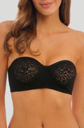 Black strapless lace bra with delicate detailing, size 16D, by Wacoal.