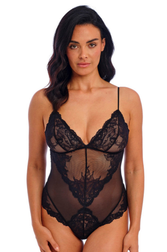 Black floral lace bodysuit with thong back and adjustable straps by Wacoal