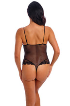 Black floral lace bodysuit with thong back and adjustable straps by Wacoal