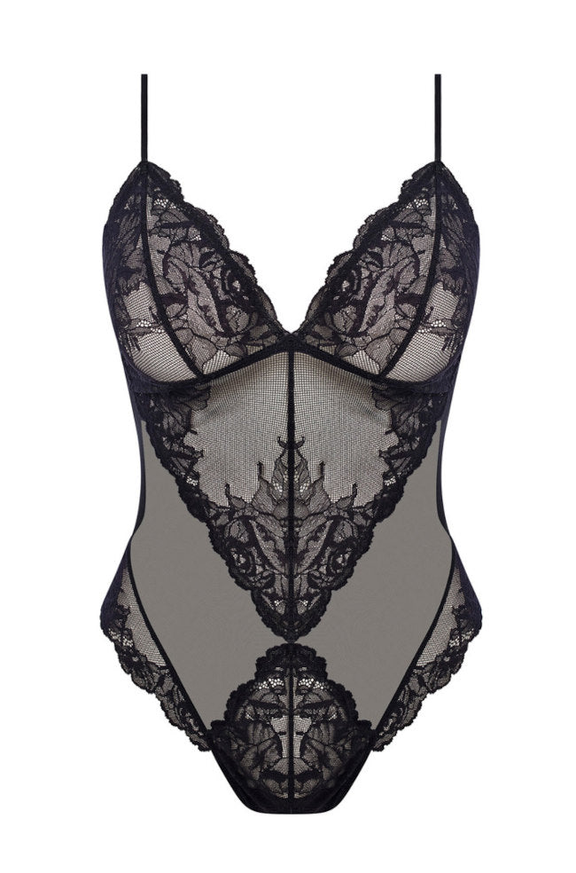 Floral Lace Bodysuit with Thong Back - Black