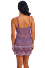 Sheer grape mesh chemise with adjustable straps by Wacoal, featuring delicate lace detailing.