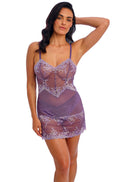 Sheer mesh Wacoal Embrace Lace chemise in grape, featuring adjustable straps and delicate lace detailing.