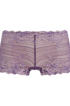 Grape floral stretch lace boyshort underwear by Wacoal in soft, breathable fabric.