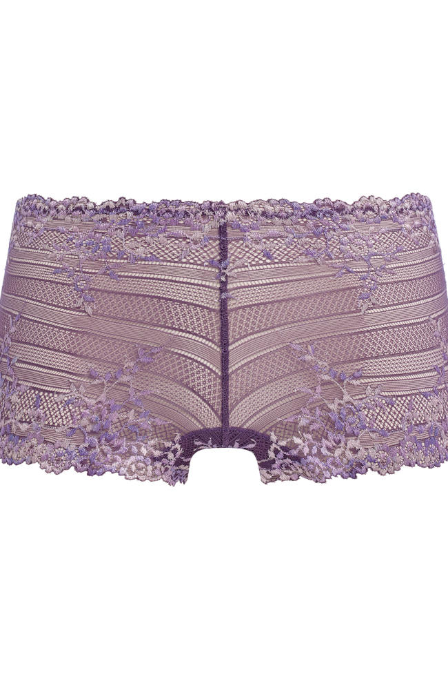 Grape floral stretch lace boyshort underwear by Wacoal in soft, breathable fabric.