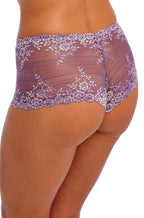 Grape floral stretch lace boyshort underwear by Wacoal, featuring a comfortable low-rise design.