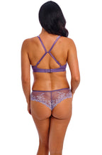 Grape lace tanga brief by Wacoal, featuring a Brazilian cut and delicate lace detailing, available in multiple sizes.