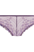 Grape lace tanga brief by Wacoal, featuring a Brazilian cut and delicate lace detailing, available in sizes 10, 12, 14.