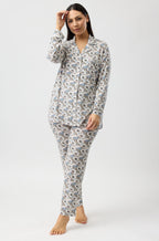 Primrose Floral Viscose Pyjama Set - Sand with Satin Trim