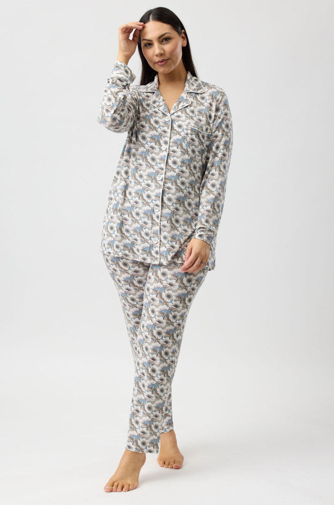 Primrose Floral Viscose Pyjama Set - Sand with Satin Trim