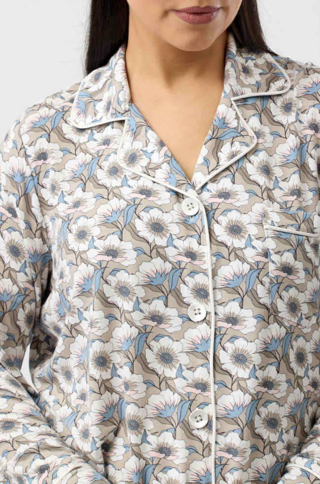 Primrose Floral Viscose Pyjama Set - Sand with Satin Trim