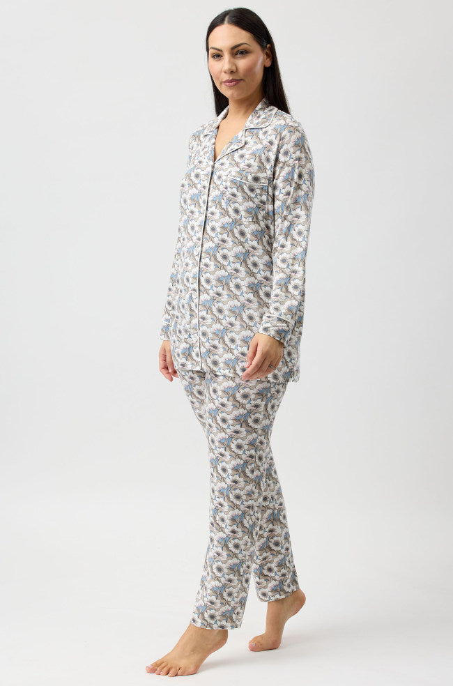 Primrose Floral Viscose Pyjama Set - Sand with Satin Trim
