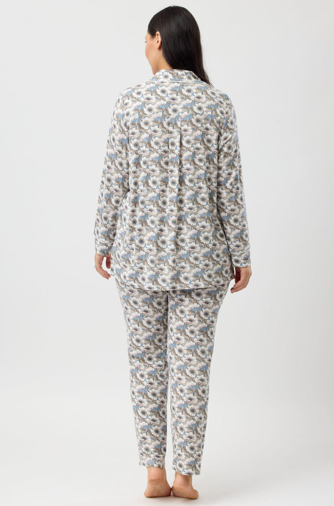 Primrose Floral Viscose Pyjama Set - Sand with Satin Trim