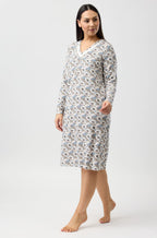 YUU Primrose long sleeve nightie in sand color, soft sleepwear fabric, displayed on a hanger, available in size M.