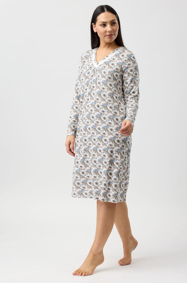 YUU Primrose long sleeve nightie in sand color, soft sleepwear fabric, displayed on a hanger, available in size M.