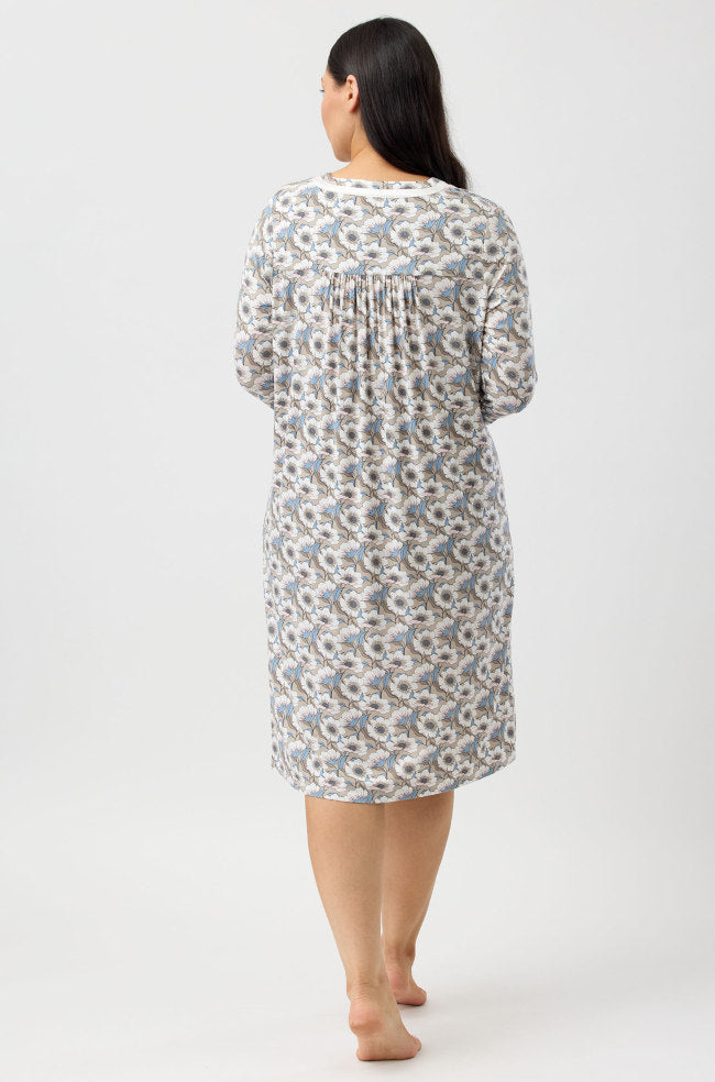 YUU Primrose long sleeve nightie in sand, soft sleepwear with a relaxed fit, displayed on a hanger.