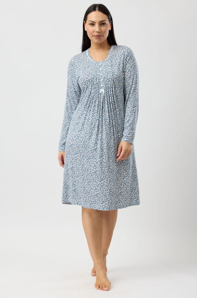YUU Petals Nightie in slate color, sleepwear, soft fabric, displayed on a hanger with floral petal pattern.