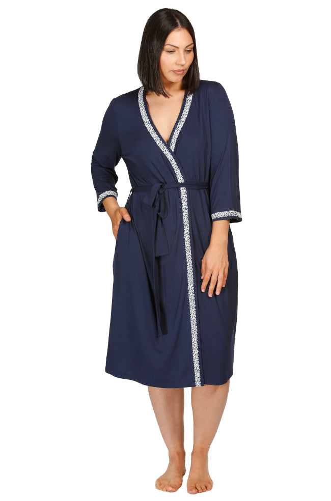 Navy lace confetti robe by YUU, available in sizes L, XL, and XXL, featuring a soft, elegant design.