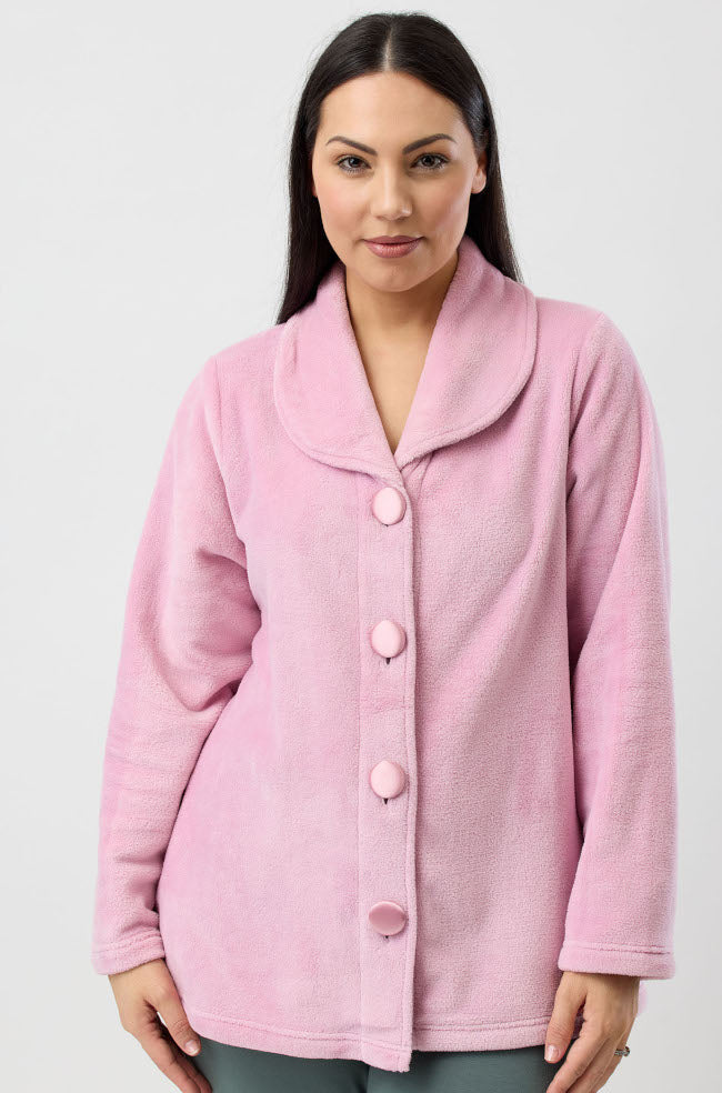 Blush pink luxury fleece bed jacket with shawl collar, size L, by YUU