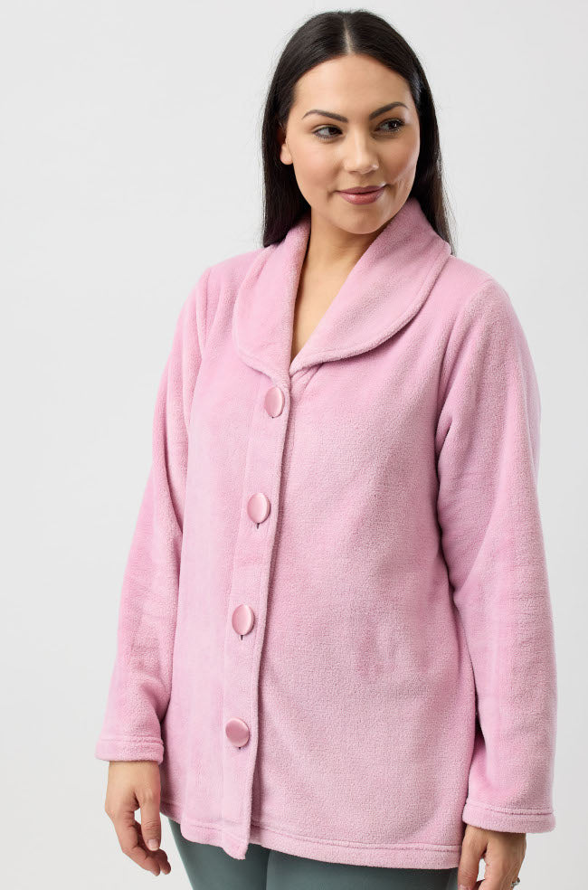 Blush pink fleece bed jacket with shawl collar, size L, by YUU, featuring cozy fabric for comfortable sleepwear.
