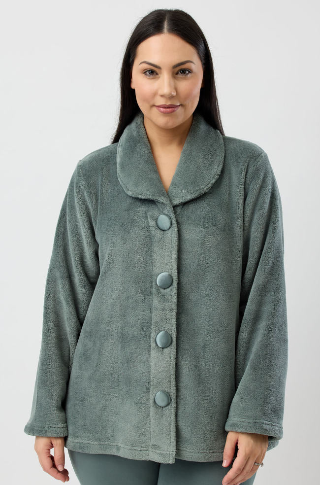Olive green fleece bed jacket with shawl collar, size small, by YUU